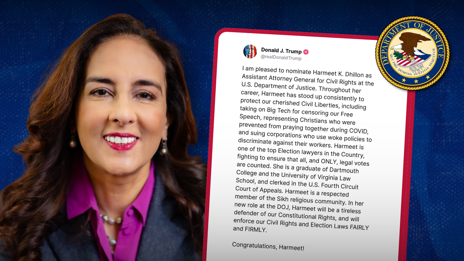 President Trump Nominates Harmeet Dhillon to Lead DOJ Civil Rights Division