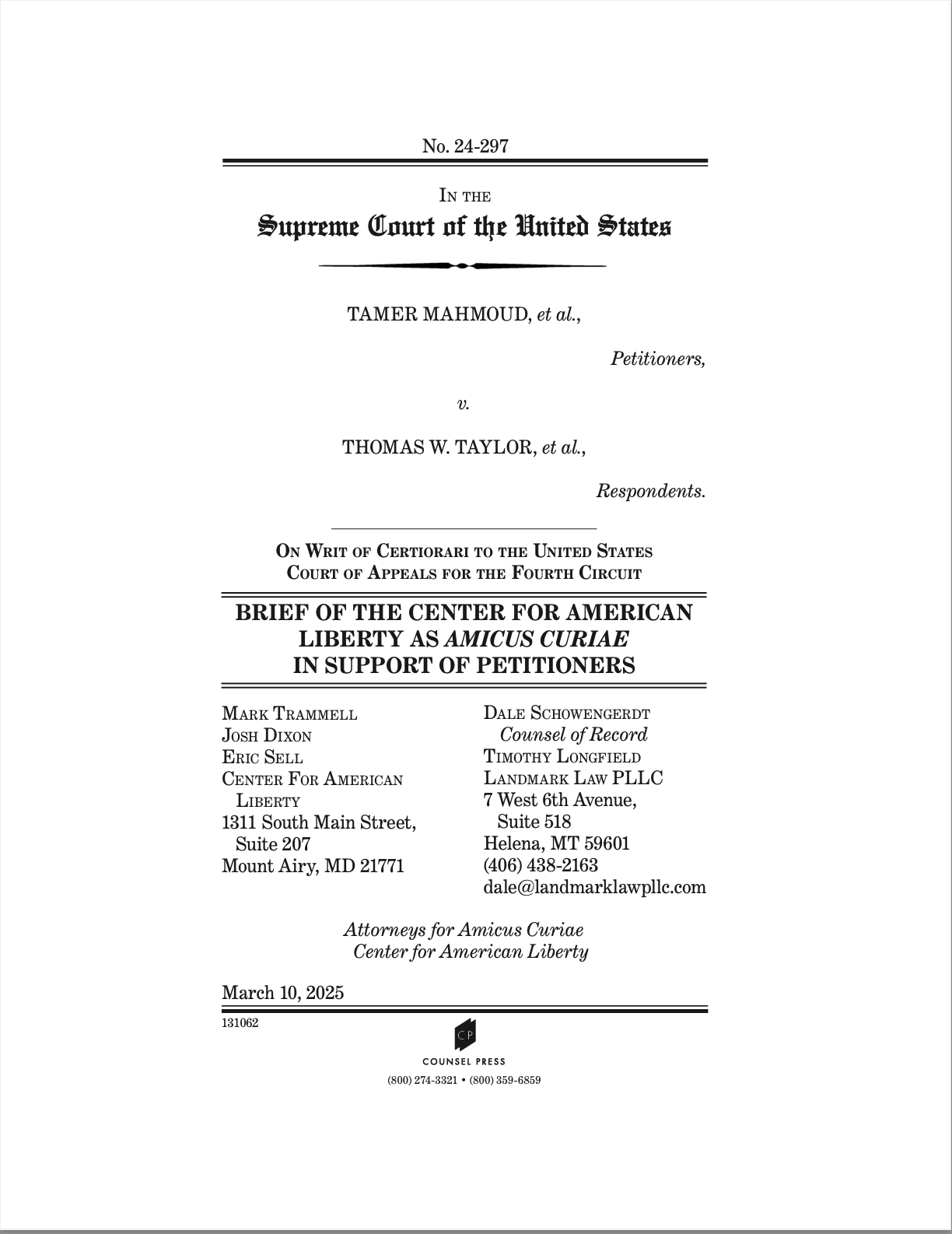 Liberty File Example Center for American Liberty files Amicus Brief in Mahmoud v. Taylor ...